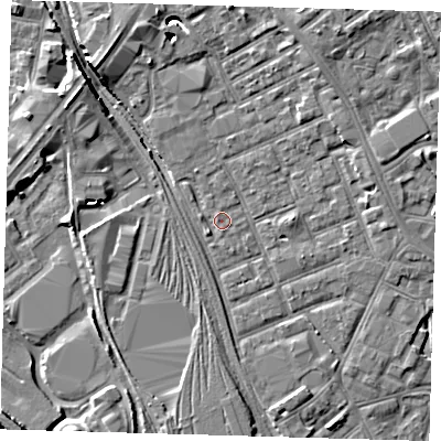 Shaded relief map of the ground around E153PB, computed from Environment Agency LiDAR. The ground here sits at about 4 m above sea level and falls 9 m across the surrounding 800 m. Surface water reaching this point runs off ground lying to the south-west, 0.9 m higher.