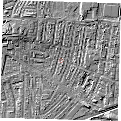 Shaded relief map of the ground around E153PP, computed from Environment Agency LiDAR. The ground here sits at about 4 m above sea level and falls 8 m across the surrounding 800 m. Surface water reaching this point runs off ground lying to the north-north-east, 4.9 m higher.