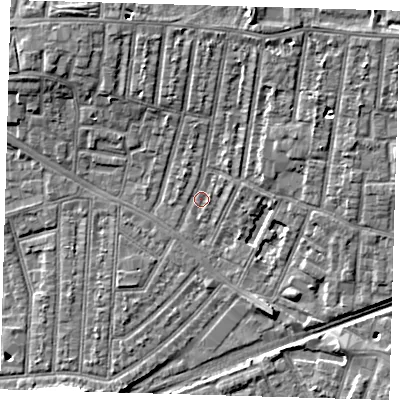 Shaded relief map of the ground around E153PT, computed from Environment Agency LiDAR. The ground here sits at about 3 m above sea level and falls 10 m across the surrounding 800 m. Surface water reaching this point runs off ground lying to the north-north-east, 6.0 m higher.
