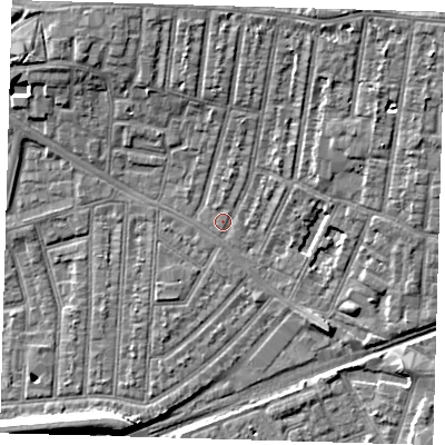 Shaded relief map of the ground around E153PU, computed from Environment Agency LiDAR. The ground here sits at about 3 m above sea level and falls 9 m across the surrounding 800 m. Surface water reaching this point runs off ground lying to the north-north-east, 6.0 m higher.