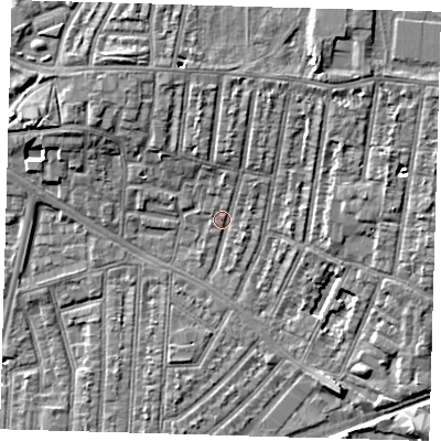 Shaded relief map of the ground around E153PW, computed from Environment Agency LiDAR. The ground here sits at about 4 m above sea level and falls 9 m across the surrounding 800 m. Surface water reaching this point runs off ground lying to the north-north-east, 4.9 m higher.