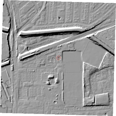 Shaded relief map of the ground around E153TR, computed from Environment Agency LiDAR. The ground here sits at about 2 m above sea level and falls 10 m across the surrounding 800 m. Surface water reaching this point runs off ground lying to the north-north-east, 2.5 m higher.