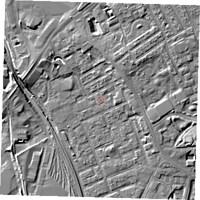 Shaded relief map of the ground around E154FB, computed from Environment Agency LiDAR. The ground here sits at about 4 m above sea level and falls 8 m across the surrounding 800 m. Surface water reaching this point runs off ground lying to the north-east, 3.2 m higher.