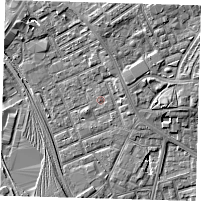 Shaded relief map of the ground around E154PS, computed from Environment Agency LiDAR. The ground here sits at about 4 m above sea level and falls 7 m across the surrounding 800 m. Surface water reaching this point runs off ground lying to the north, 0.5 m higher.