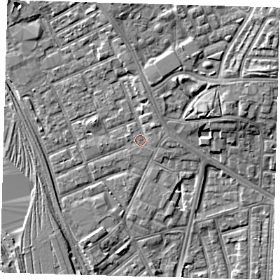 Shaded relief map of the ground around E154PU, computed from Environment Agency LiDAR. The ground here sits at about 4 m above sea level and falls 7 m across the surrounding 800 m. Surface water reaching this point runs off ground lying to the north, 2.1 m higher.