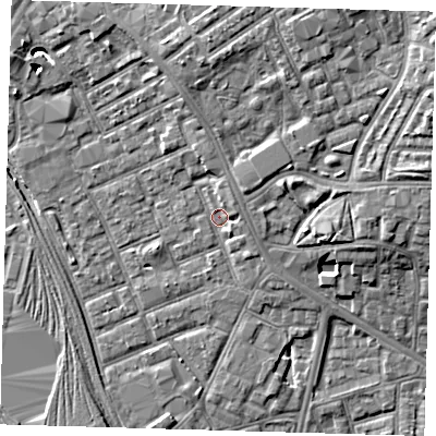Shaded relief map of the ground around E154PW, computed from Environment Agency LiDAR. The ground here sits at about 4 m above sea level and falls 8 m across the surrounding 800 m. Surface water reaching this point runs off ground lying to the north, 2.9 m higher.