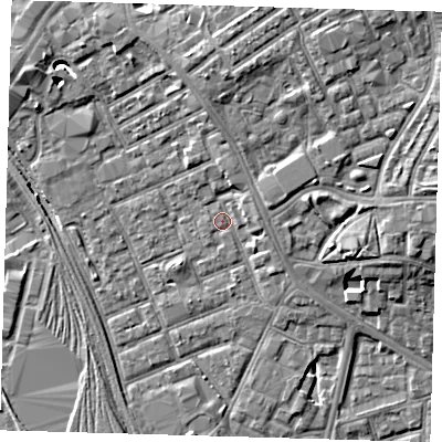Shaded relief map of the ground around E154PX, computed from Environment Agency LiDAR. The ground here sits at about 4 m above sea level and falls 7 m across the surrounding 800 m. Surface water reaching this point runs off ground lying to the north, 2.9 m higher.