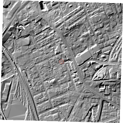 Shaded relief map of the ground around E154PZ, computed from Environment Agency LiDAR. The ground here sits at about 4 m above sea level and falls 7 m across the surrounding 800 m. Surface water reaching this point runs off ground lying to the north-north-east, 2.9 m higher.