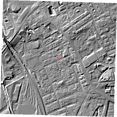 Shaded relief map of the ground around E154QB, computed from Environment Agency LiDAR. The ground here sits at about 4 m above sea level and falls 8 m across the surrounding 800 m. Surface water reaching this point runs off ground lying to the north-east, 3.5 m higher.