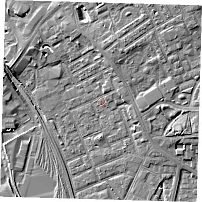 Shaded relief map of the ground around E154QD, computed from Environment Agency LiDAR. The ground here sits at about 4 m above sea level and falls 8 m across the surrounding 800 m. Surface water reaching this point runs off ground lying to the north-north-east, 3.4 m higher.