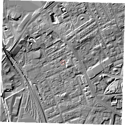 Shaded relief map of the ground around E154QE, computed from Environment Agency LiDAR. The ground here sits at about 4 m above sea level and falls 8 m across the surrounding 800 m. Surface water reaching this point runs off ground lying to the north-east, 3.2 m higher.