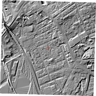 Shaded relief map of the ground around E154QF, computed from Environment Agency LiDAR. The ground here sits at about 4 m above sea level and falls 7 m across the surrounding 800 m. Surface water reaching this point runs off ground lying to the north-east, 1.3 m higher.