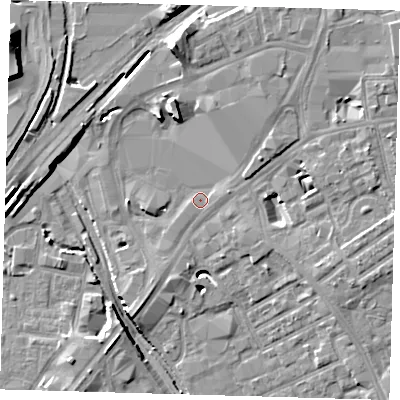 Shaded relief map of the ground around E154QN, computed from Environment Agency LiDAR. The ground here sits at about 5 m above sea level and falls 14 m across the surrounding 800 m. Surface water reaching this point runs off ground lying to the north-north-east, 3.3 m higher.