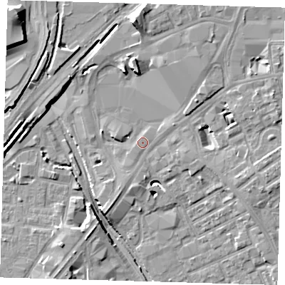 Shaded relief map of the ground around E154QS, computed from Environment Agency LiDAR. The ground here sits at about 5 m above sea level and falls 14 m across the surrounding 800 m. Surface water reaching this point runs off ground lying to the east-north-east, 0.8 m higher.