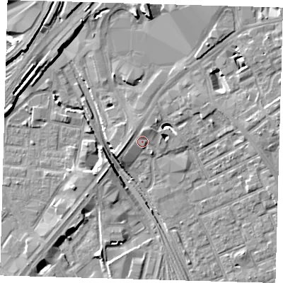 Shaded relief map of the ground around E154QZ, computed from Environment Agency LiDAR. The ground here sits at about 5 m above sea level and falls 11 m across the surrounding 800 m. Surface water reaching this point runs off ground lying to the west-south-west, 2.6 m higher.