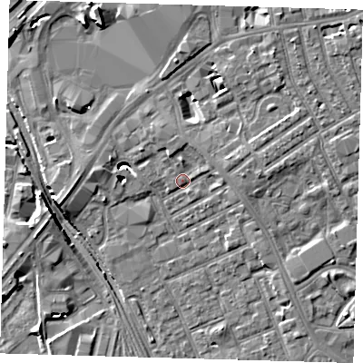 Shaded relief map of the ground around E154RU, computed from Environment Agency LiDAR. The ground here sits at about 5 m above sea level and falls 9 m across the surrounding 800 m. Surface water reaching this point runs off ground lying to the east-north-east, 3.1 m higher.