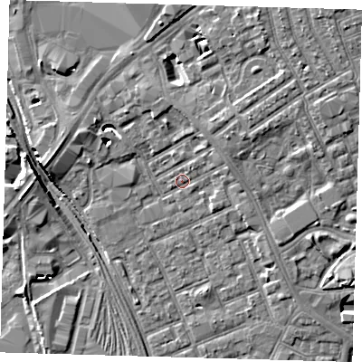 Shaded relief map of the ground around E154RX, computed from Environment Agency LiDAR. The ground here sits at about 4 m above sea level and falls 8 m across the surrounding 800 m. Surface water reaching this point runs off ground lying to the east-north-east, 3.4 m higher.