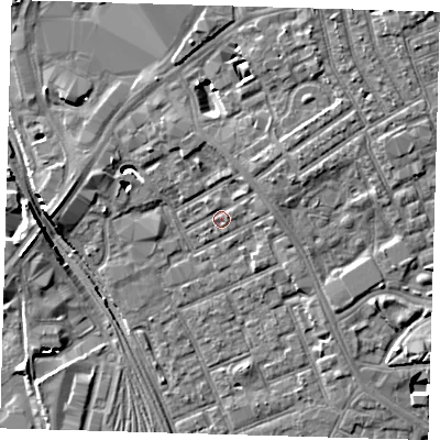 Shaded relief map of the ground around E154RY, computed from Environment Agency LiDAR. The ground here sits at about 5 m above sea level and falls 8 m across the surrounding 800 m. Surface water reaching this point runs off ground lying to the north-east, 3.1 m higher.