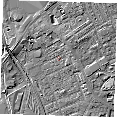 Shaded relief map of the ground around E154RZ, computed from Environment Agency LiDAR. The ground here sits at about 4 m above sea level and falls 8 m across the surrounding 800 m. Surface water reaching this point runs off ground lying to the east-north-east, 3.3 m higher.