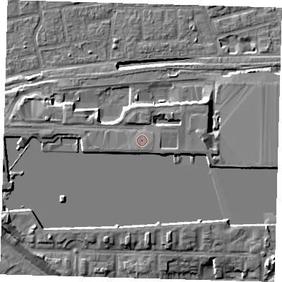 Shaded relief map of the ground around E161AA, computed from Environment Agency LiDAR. The ground here sits at about 6 m above sea level and falls 13 m across the surrounding 800 m. Surface water reaching this point runs off ground lying to the south-south-east, 0.8 m higher.