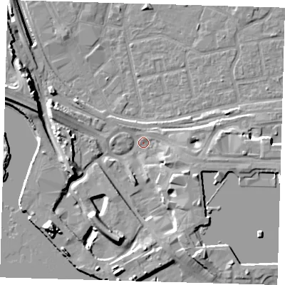 Shaded relief map of the ground around E161AD, computed from Environment Agency LiDAR. The ground here sits at about 2 m above sea level and falls 15 m across the surrounding 800 m. Surface water reaching this point runs off ground lying to the south-south-west, 9.0 m higher.