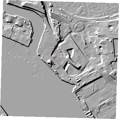 Shaded relief map of the ground around E161AF, computed from Environment Agency LiDAR. The ground here sits at about 3 m above sea level and falls 13 m across the surrounding 800 m. Surface water reaching this point runs off ground lying to the west-south-west, 9.3 m higher.