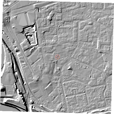 Shaded relief map of the ground around E161AN, computed from Environment Agency LiDAR. The ground here sits at about 1 m above sea level and falls 20 m across the surrounding 800 m. Surface water reaching this point runs off ground lying to the west-north-west, 1.5 m higher.