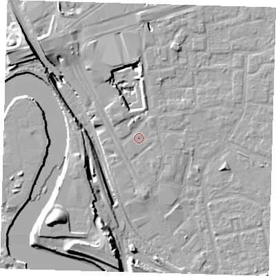 Shaded relief map of the ground around E161BF, computed from Environment Agency LiDAR. The ground here sits at about 2 m above sea level and falls 20 m across the surrounding 800 m. Surface water reaching this point runs off ground lying to the north-north-west, 1.5 m higher.
