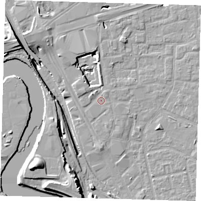 Shaded relief map of the ground around E161BG, computed from Environment Agency LiDAR. The ground here sits at about 2 m above sea level and falls 20 m across the surrounding 800 m. Surface water reaching this point runs off ground lying to the north-west, 1.5 m higher.