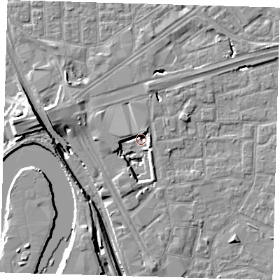 Shaded relief map of the ground around E161BX, computed from Environment Agency LiDAR. The ground here sits at about -1 m above sea level and falls 15 m across the surrounding 800 m. Surface water reaching this point runs off ground lying to the north-north-east, 8.1 m higher.
