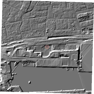 Shaded relief map of the ground around E161DD, computed from Environment Agency LiDAR. The ground here sits at about 1 m above sea level and falls 13 m across the surrounding 800 m. Surface water reaching this point runs off ground lying to the east-south-east, 5.6 m higher.
