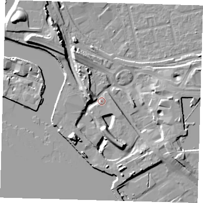Shaded relief map of the ground around E161DF, computed from Environment Agency LiDAR. The ground here sits at about 3 m above sea level and falls 18 m across the surrounding 800 m. Surface water reaching this point runs off ground lying to the south-west, 12.5 m higher.
