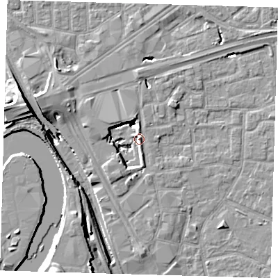Shaded relief map of the ground around E161DG, computed from Environment Agency LiDAR. The ground here sits at about 3 m above sea level and falls 16 m across the surrounding 800 m. Surface water reaching this point runs off ground lying to the north-north-west, 8.1 m higher.