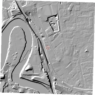 Shaded relief map of the ground around E161DH, computed from Environment Agency LiDAR. The ground here sits at about 2 m above sea level and falls 20 m across the surrounding 800 m. Surface water reaching this point runs off ground lying to the west-south-west, 10.1 m higher.