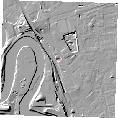 Shaded relief map of the ground around E161DJ, computed from Environment Agency LiDAR. The ground here sits at about 1 m above sea level and falls 20 m across the surrounding 800 m. Surface water reaching this point runs off ground lying to the south-south-west, 10.1 m higher.
