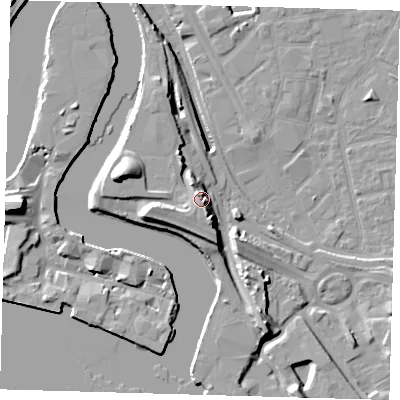 Shaded relief map of the ground around E161DN, computed from Environment Agency LiDAR. The ground here sits at about 8 m above sea level and falls 18 m across the surrounding 800 m. Surface water reaching this point runs off ground lying to the south-south-west, 2.1 m higher.