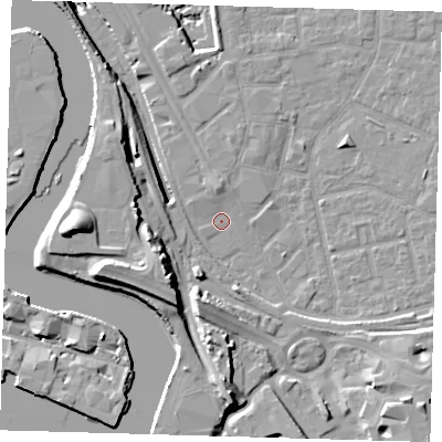 Shaded relief map of the ground around E161DP, computed from Environment Agency LiDAR. The ground here sits at about 1 m above sea level and falls 20 m across the surrounding 800 m. Surface water reaching this point runs off ground lying to the north, 2.1 m higher.