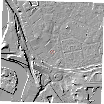 Shaded relief map of the ground around E161DS, computed from Environment Agency LiDAR. The ground here sits at about 1 m above sea level and falls 18 m across the surrounding 800 m. Surface water reaching this point runs off ground lying to the south-east, 5.0 m higher.