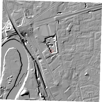 Shaded relief map of the ground around E161DT, computed from Environment Agency LiDAR. The ground here sits at about -1 m above sea level and falls 20 m across the surrounding 800 m. Surface water reaching this point runs off ground lying to the south-west, 5.9 m higher.