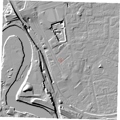 Shaded relief map of the ground around E161EA, computed from Environment Agency LiDAR. The ground here sits at about 2 m above sea level and falls 20 m across the surrounding 800 m. Surface water reaching this point runs off ground lying to the south-south-east, 1.1 m higher.