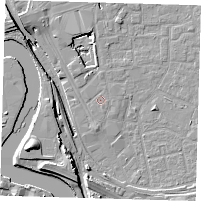 Shaded relief map of the ground around E161EB, computed from Environment Agency LiDAR. The ground here sits at about 2 m above sea level and falls 20 m across the surrounding 800 m. Surface water reaching this point runs off ground lying to the east-south-east, 0.8 m higher.
