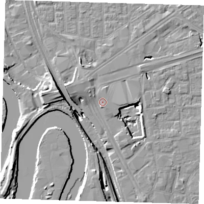 Shaded relief map of the ground around E161ED, computed from Environment Agency LiDAR. The ground here sits at about 3 m above sea level and falls 15 m across the surrounding 800 m. Surface water reaching this point runs off ground lying to the west-north-west, 2.1 m higher.