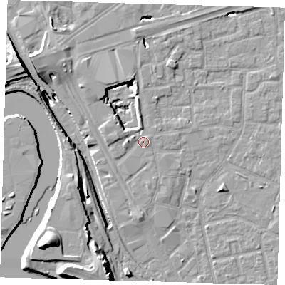 Shaded relief map of the ground around E161EE, computed from Environment Agency LiDAR. The ground here sits at about 2 m above sea level and falls 20 m across the surrounding 800 m. Surface water reaching this point runs off ground lying to the south, 1.1 m higher.