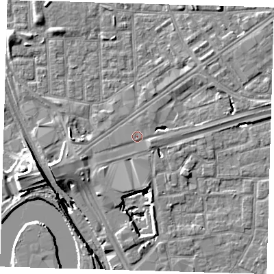 Shaded relief map of the ground around E161EH, computed from Environment Agency LiDAR. The ground here sits at about 2 m above sea level and falls 15 m across the surrounding 800 m. Surface water reaching this point runs off ground lying to the west-south-west, 5.3 m higher.