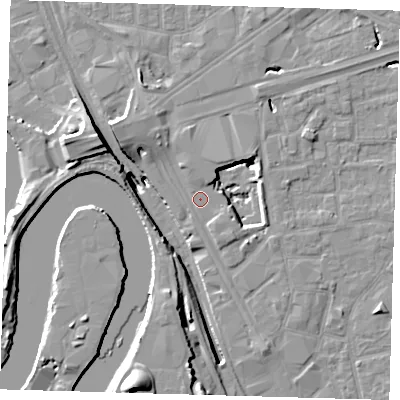 Shaded relief map of the ground around E161EJ, computed from Environment Agency LiDAR. The ground here sits at about 2 m above sea level and falls 20 m across the surrounding 800 m. Surface water reaching this point runs off ground lying to the north-west, 3.4 m higher.