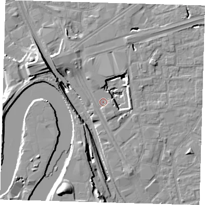 Shaded relief map of the ground around E161EL, computed from Environment Agency LiDAR. The ground here sits at about 2 m above sea level and falls 20 m across the surrounding 800 m. Surface water reaching this point runs off ground lying to the north-west, 3.4 m higher.