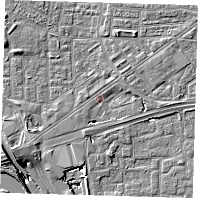 Shaded relief map of the ground around E161EN, computed from Environment Agency LiDAR. The ground here sits at about 1 m above sea level and falls 15 m across the surrounding 800 m. Surface water reaching this point runs off ground lying to the west-south-west, 8.4 m higher.