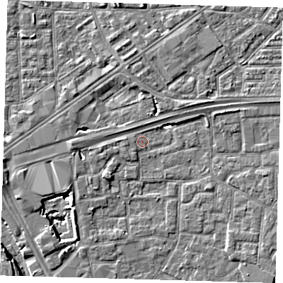 Shaded relief map of the ground around E161EP, computed from Environment Agency LiDAR. The ground here sits at about 1 m above sea level and falls 10 m across the surrounding 800 m. Surface water reaching this point runs off ground lying to the south-west, 4.7 m higher.