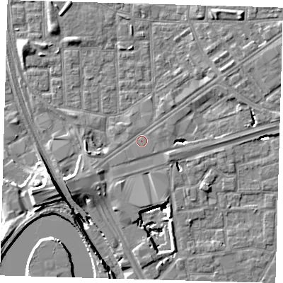 Shaded relief map of the ground around E161EQ, computed from Environment Agency LiDAR. The ground here sits at about 2 m above sea level and falls 15 m across the surrounding 800 m. Surface water reaching this point runs off ground lying to the west-south-west, 2.9 m higher.
