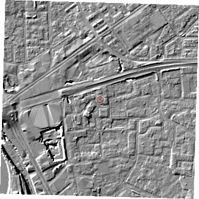 Shaded relief map of the ground around E161ER, computed from Environment Agency LiDAR. The ground here sits at about 2 m above sea level and falls 12 m across the surrounding 800 m. Surface water reaching this point runs off ground lying to the south-west, 1.5 m higher.